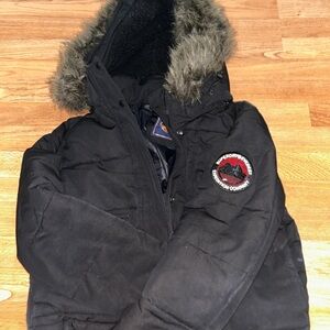 Black Hooded Parka with Fur Trim
